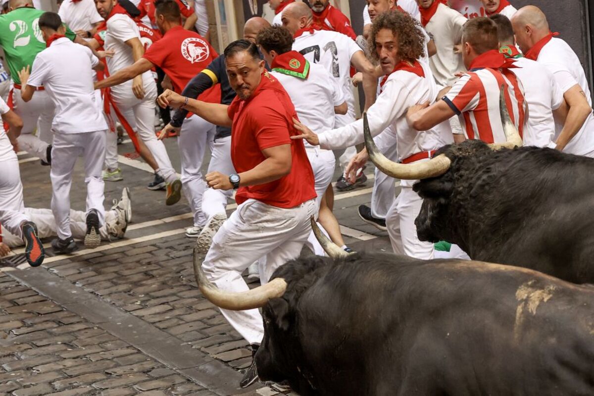 Los toros de Domingo Hernández en el quinto encierro de los Sanfermines  / J.P. URDIROZ